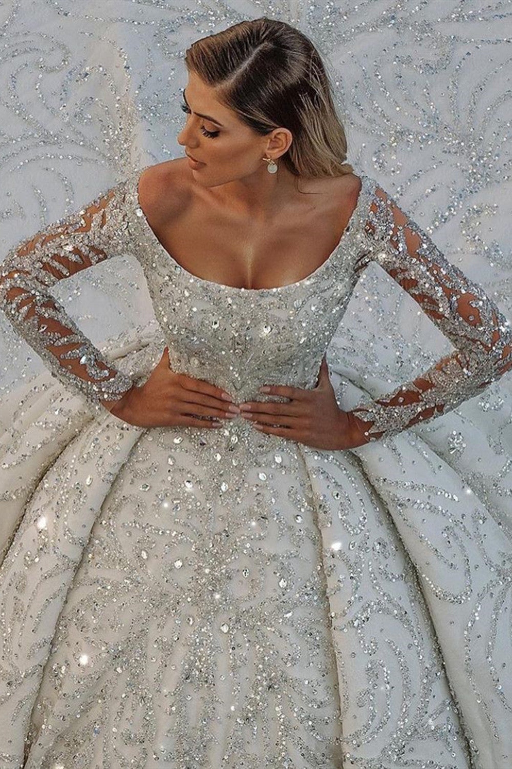 Bmbridal Long Sleeve Satin Ball Gown Wedding Dress Beaded Sequined
