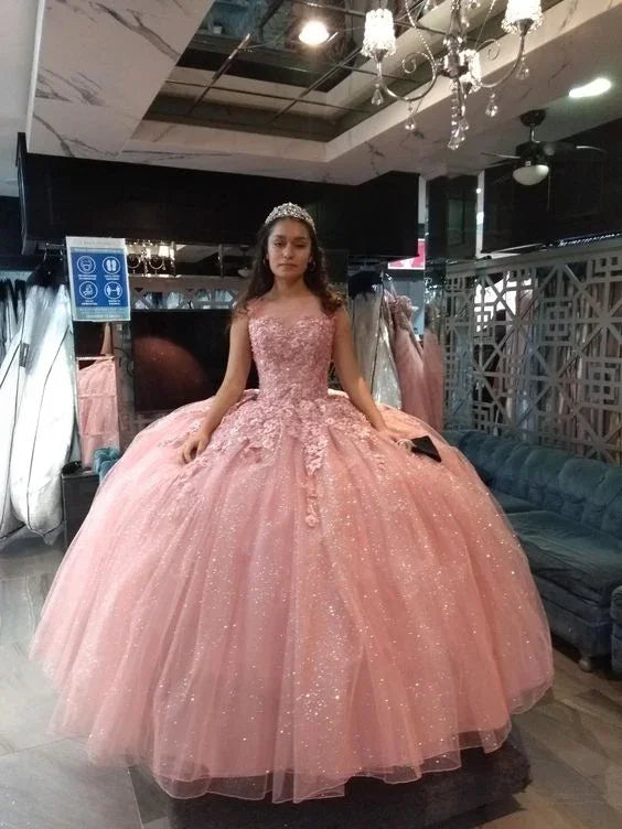 Vestido de Bola com Aplicações de Tule Rosa Brilhante, Vestido Doce 16, Vestido de Quinceanera Rosa Y750