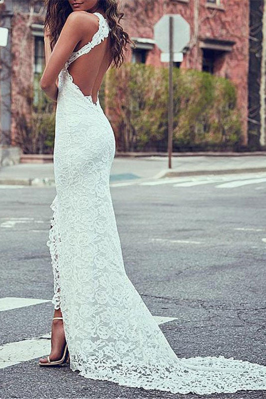 Lace High Neck Beach Wedding Dress For Summer Lightweight Comfort