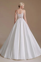 Charming A-Line Satin V-Neck Wedding Dress With Lace Appliques