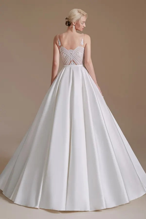 Charming A-Line Satin V-Neck Wedding Dress With Lace Appliques