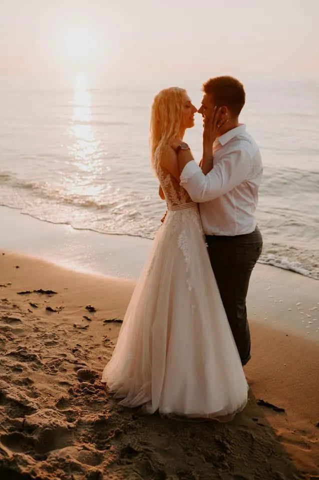 V-Neck Open Back A-Line Long Wedding Dress With Tulle Lace