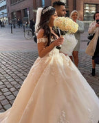 Vintage A Line Off The Shoulder Tulle Princess Long Wedding Dress Lace