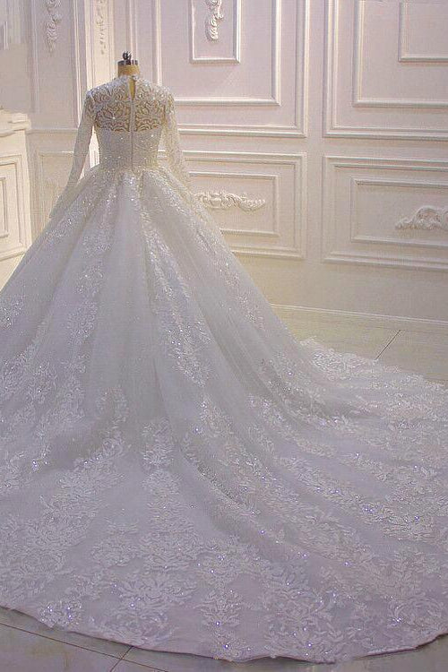 Simple Ball Gown Wedding Dress With Ruffles High Neck Applique Lace Long Sleeves