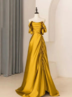 Vestido largo de gala satinado único en línea A, con escote de hombros descubiertos y falda plisada Y7599
