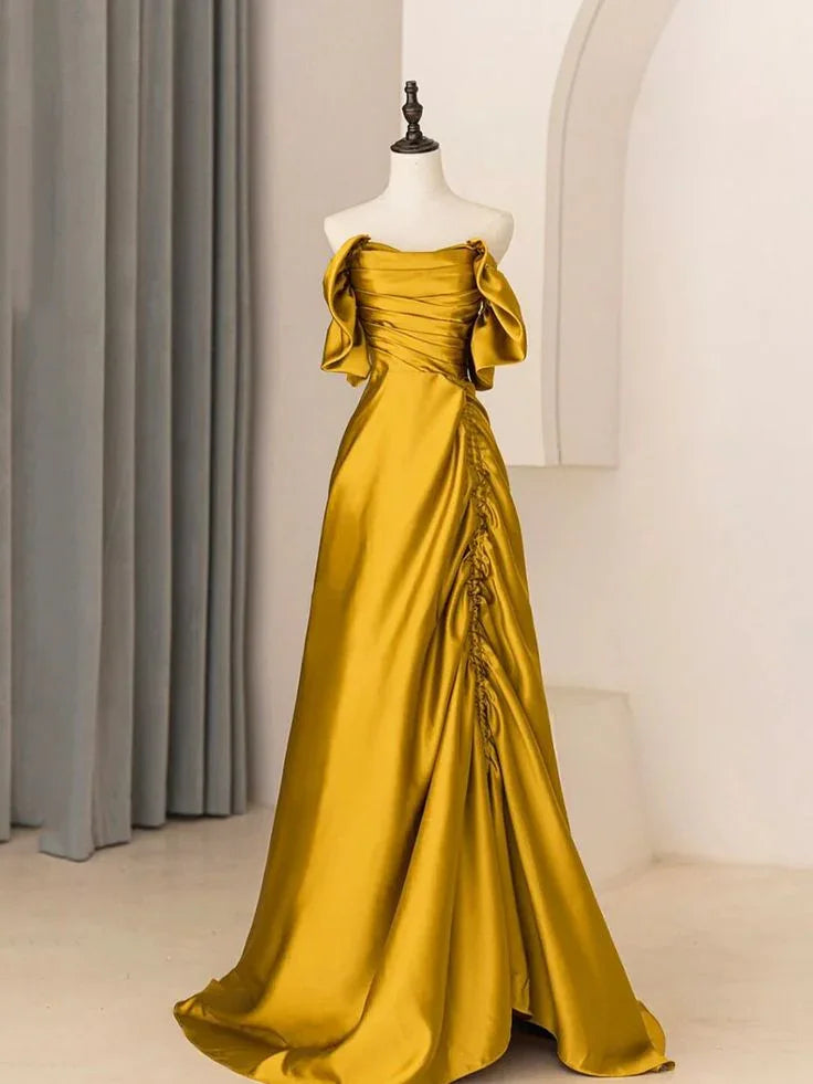 Vestido largo de gala satinado único en línea A, con escote de hombros descubiertos y falda plisada Y7599