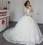Vintage Off the Shoulder Long Sleeves Ball Gown Wedding Dress with Applique Lace