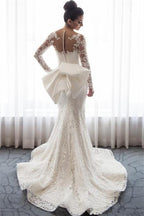 Mermaid Lace Wedding Dress With Detachable Skirt And Bowknot Long Sleeves