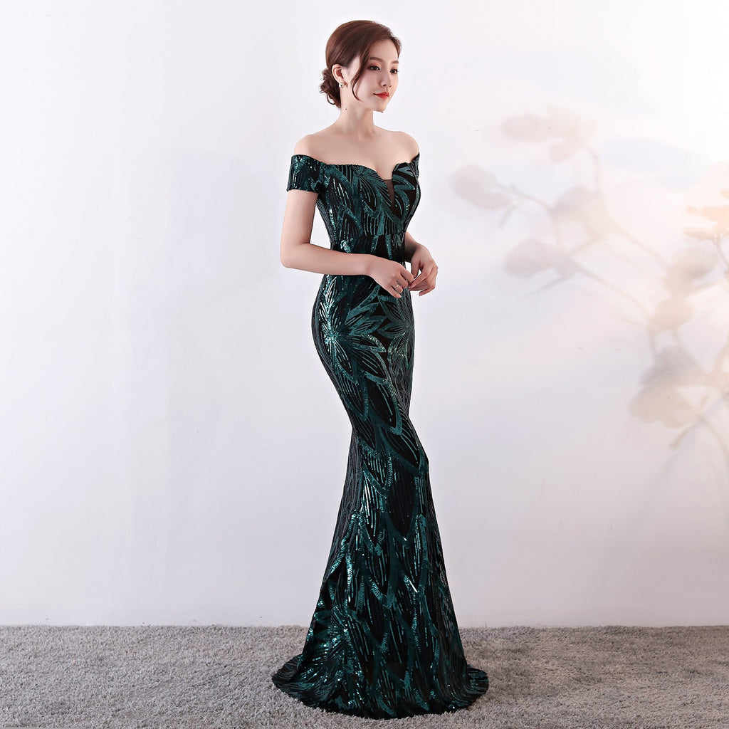 Vestido de noite com lantejoulas sem ombros: cauda de peixe comprida, corte justo