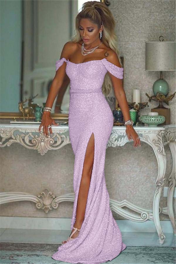 Pink Sequins Off Shoulder Mermaid Prom Dress With Slit Custom Colors And Sizing