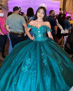 Vestido de Baile Verde de Tule com Ombros Descobertos Vestido Verde de Quinceanera Y290