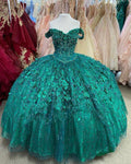 Vestido de Baile Verde Esmeralda com Flores Bordadas à Mão Vestido de Quinceanera com Ombros Descobertos e Decote Coração Y293