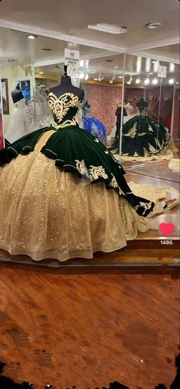 فستان السفرجل الأخضر الزمردي والذهبي ثوب كرة مبهر Y294