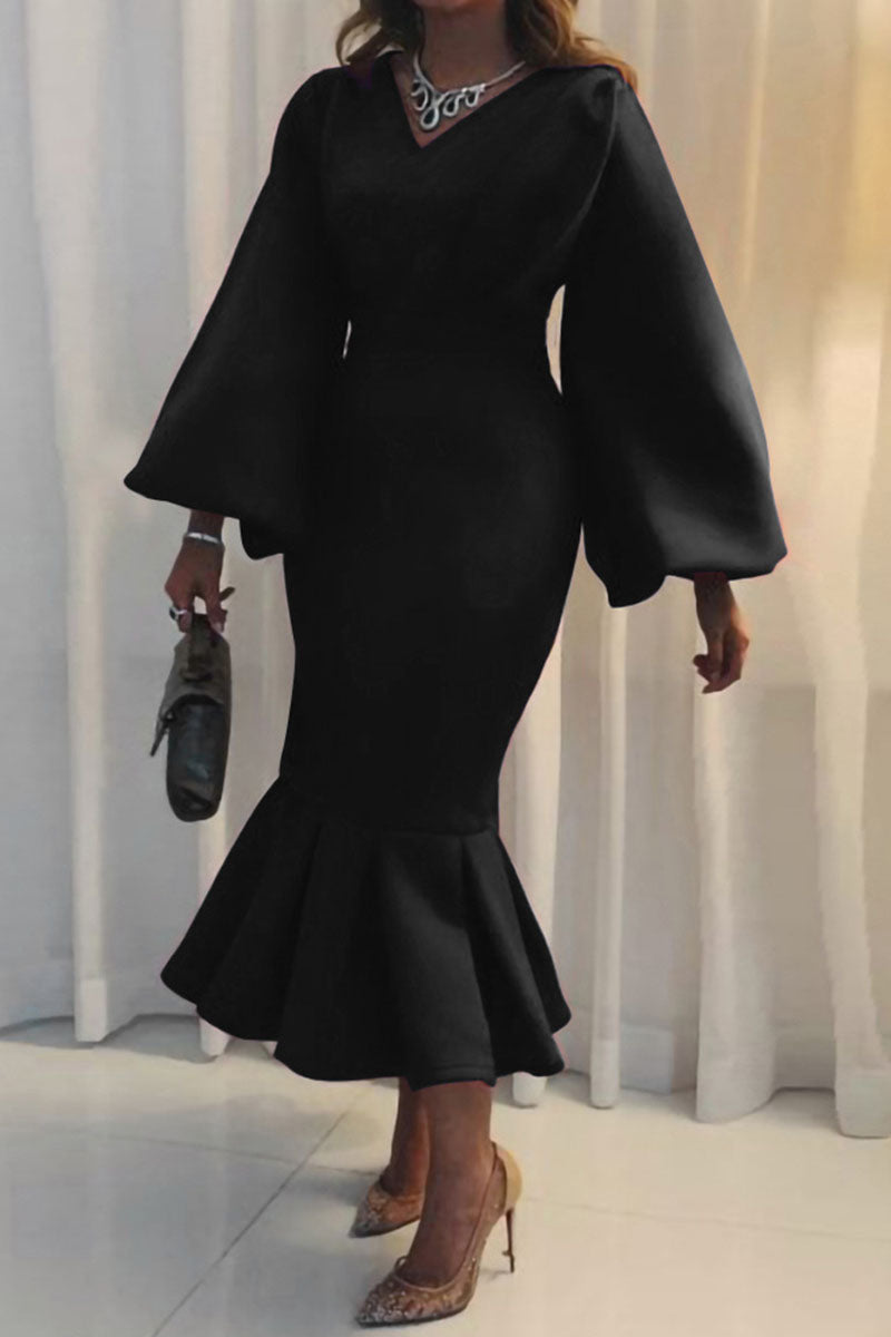 Elegantes, solides Patchwork-Abendkleid mit V-Ausschnitt (4 Farben) 