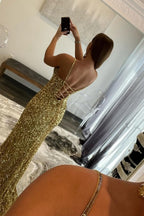 Vestidos longos de baile com decote em V, lantejoulas douradas e fenda, com encantadora sereia