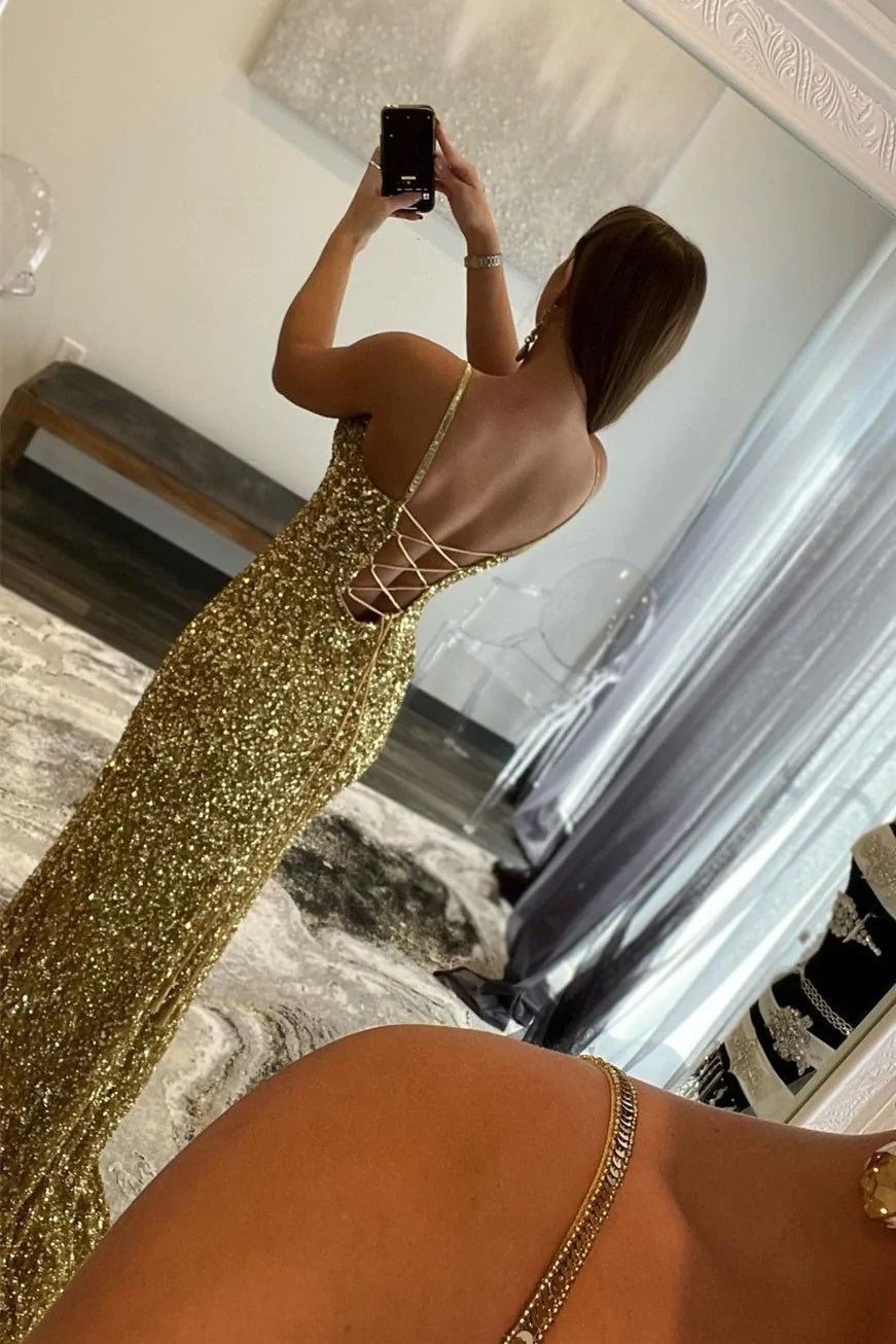 Vestidos longos de baile com decote em V, lantejoulas douradas e fenda, com encantadora sereia