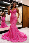 Vestido longo de baile de finalista cor-de-rosa com lantejoulas, estilo sereia, sem mangas e alças finas às costas