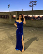 Robe de soirée longue bleu royal à épaules dénudées avec fente latérale Y713