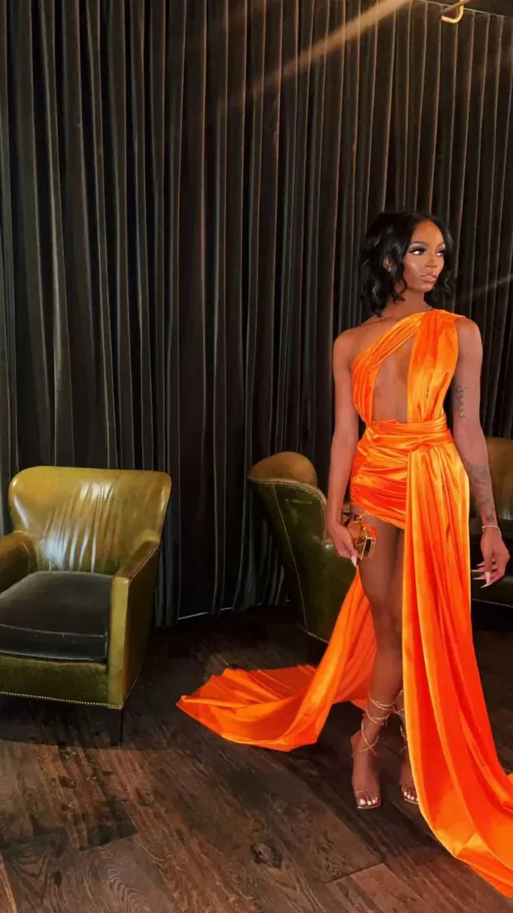 Robe de fête sexy en satin orange sans manches, tenue pour le 21e anniversaire, robe de soirée sexy Y782
