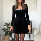 Abito in velluto a coste con perle TARUXY per donna, manica lunga, nero, aderente, formale, elegante, retrò, da sera, per feste, donna