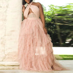 Vestido de Noiva para Mulheres de Tamanho Grande Vestido de Noite Vestido de Alça Halter Cor-de-Rosa Vestido de Tule Balão Tamanho Grande
