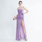 Reúne Sequ Feito à Mão Floral Split Sling Vestido de Noite Simples