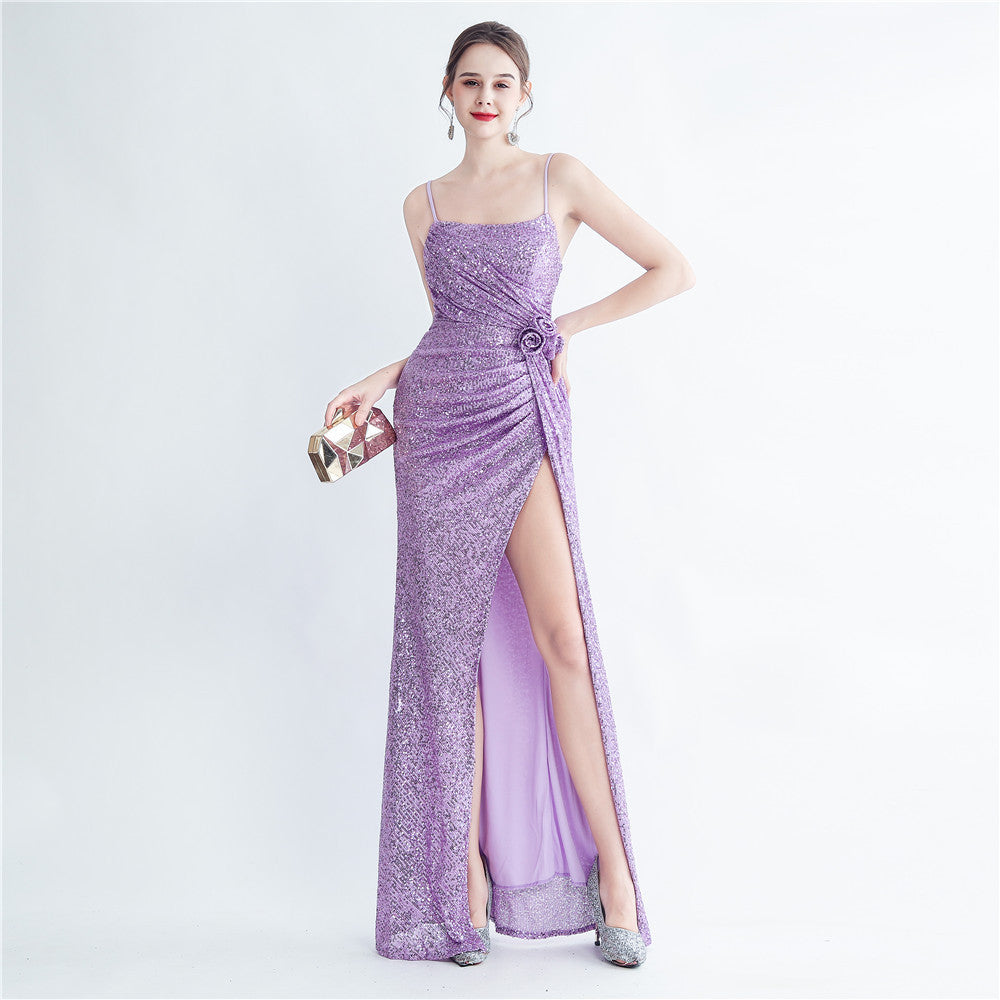 Reúne Sequ Feito à Mão Floral Split Sling Vestido de Noite Simples