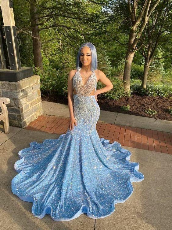 Sexy shimmery blue prom dress sparkling sequin reception dress evening cocktail graduation gown Y471