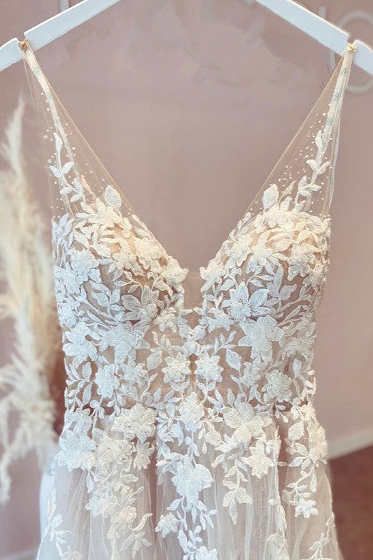 Open Back Long A Line V Neck Wedding Dress With Tulle Lace Appliques