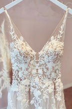 Open Back Long A Line V Neck Wedding Dress With Tulle Lace Appliques