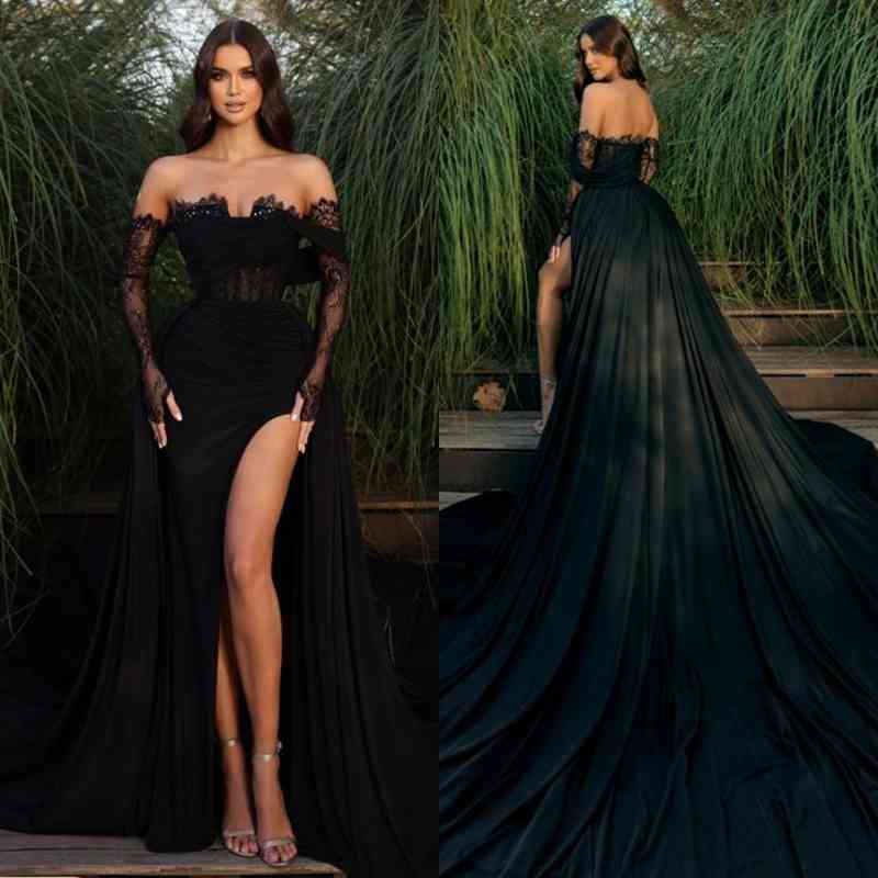 Black Off The Shoulder Lace Prom Dress A Line Floor Length Chiffon