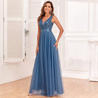 Patchwork Stretch Waist Sleeveless V Neck Evening Dress with Tulle Embroidery – Elegant, Long, and Swingy Party Dress