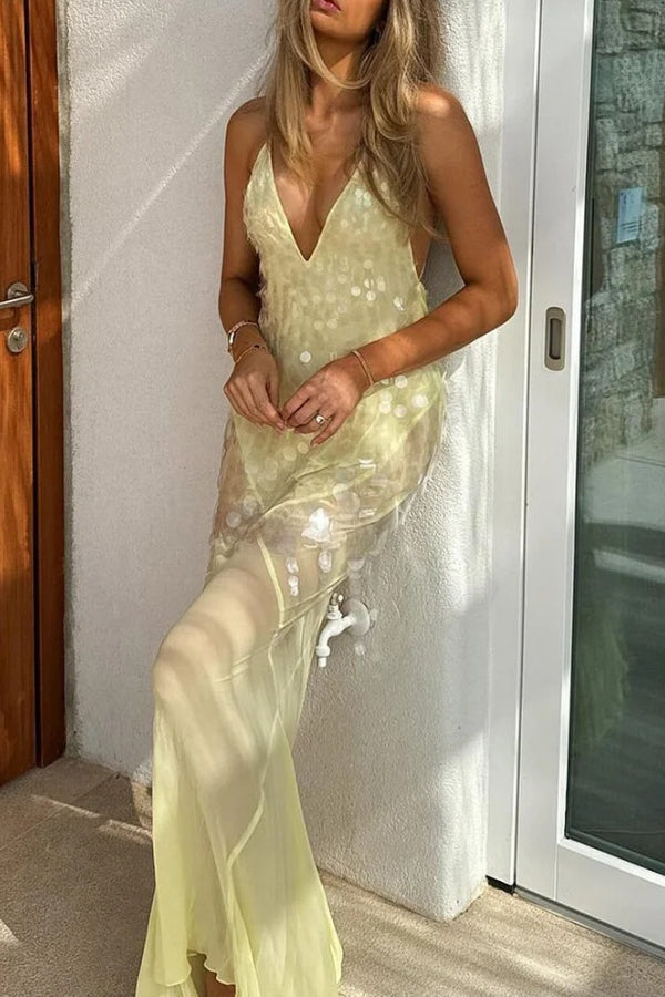 Robe longue fendue dos nu à encolure en V profond avec paillettes et ourmet en queue de poisson - Jaune