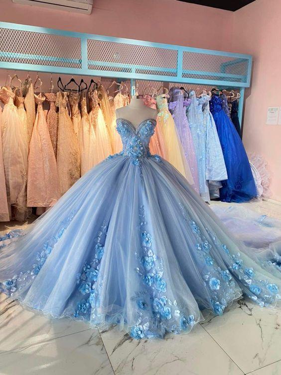 Vestido de Quinceanera Azul Céu com Aplicações Vestido de 16 Anos Vestido de Baile Y1872