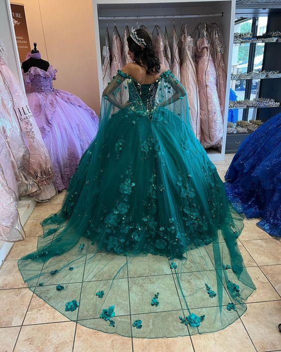 Blumiges schulterfreies smaragdgrünes Kleid für die Quinceañera, Neuankömmling, Kleid für den sechzehnten Geburtstag, Ballkleid Y1226