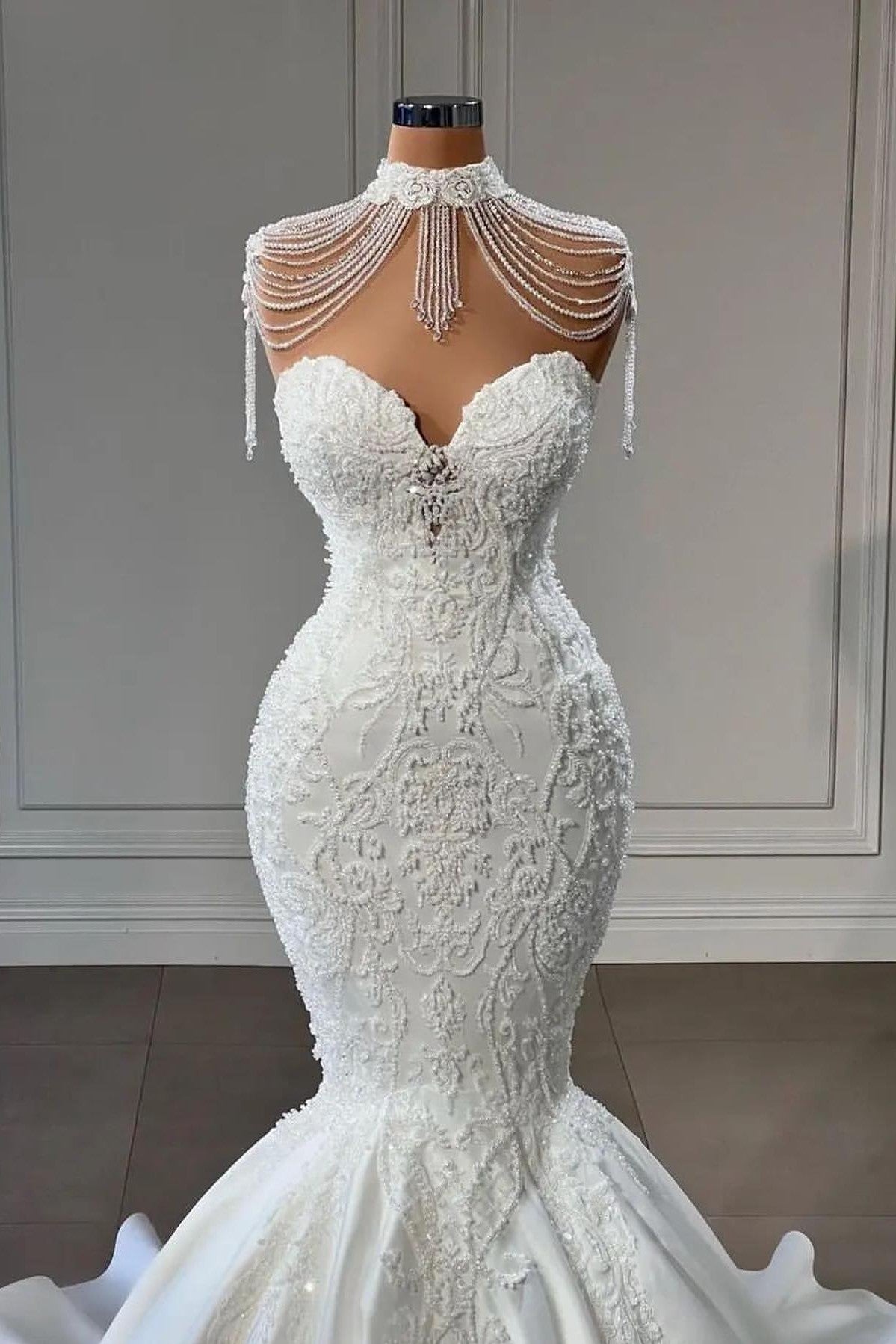 Luxury Satin Pearl Mermaid Wedding Dress With Lace And Sweetheart Neckline