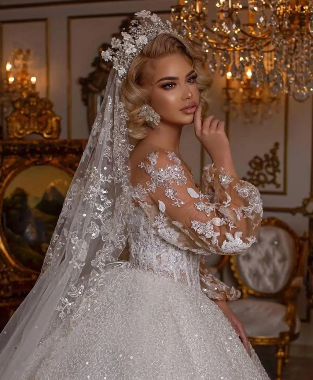 Stunning Ball Gown Featuring Puffy Sleeves Long Wedding Dress With Appliques