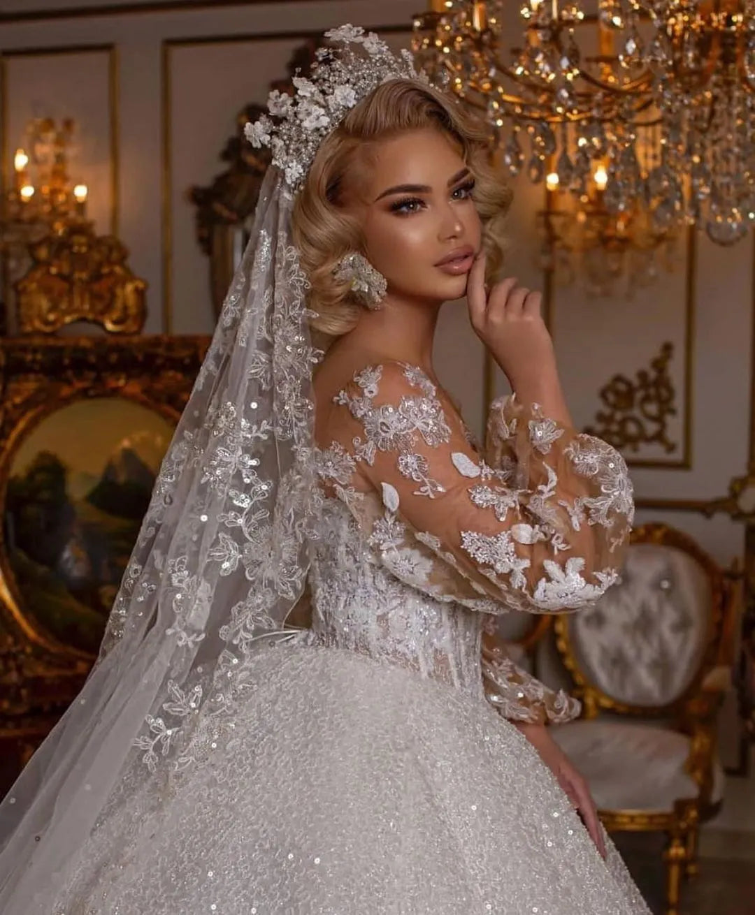 Stunning Ball Gown Featuring Puffy Sleeves Long Wedding Dress With Appliques