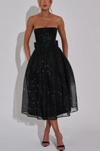 Abito Midi Sexy con Spalle Scoperte, Schiena Nuda e Fiocco