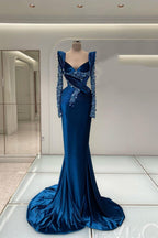Abito da cerimonia sirena blu reale con maniche lunghe eleganti e ricami scintillanti di perline