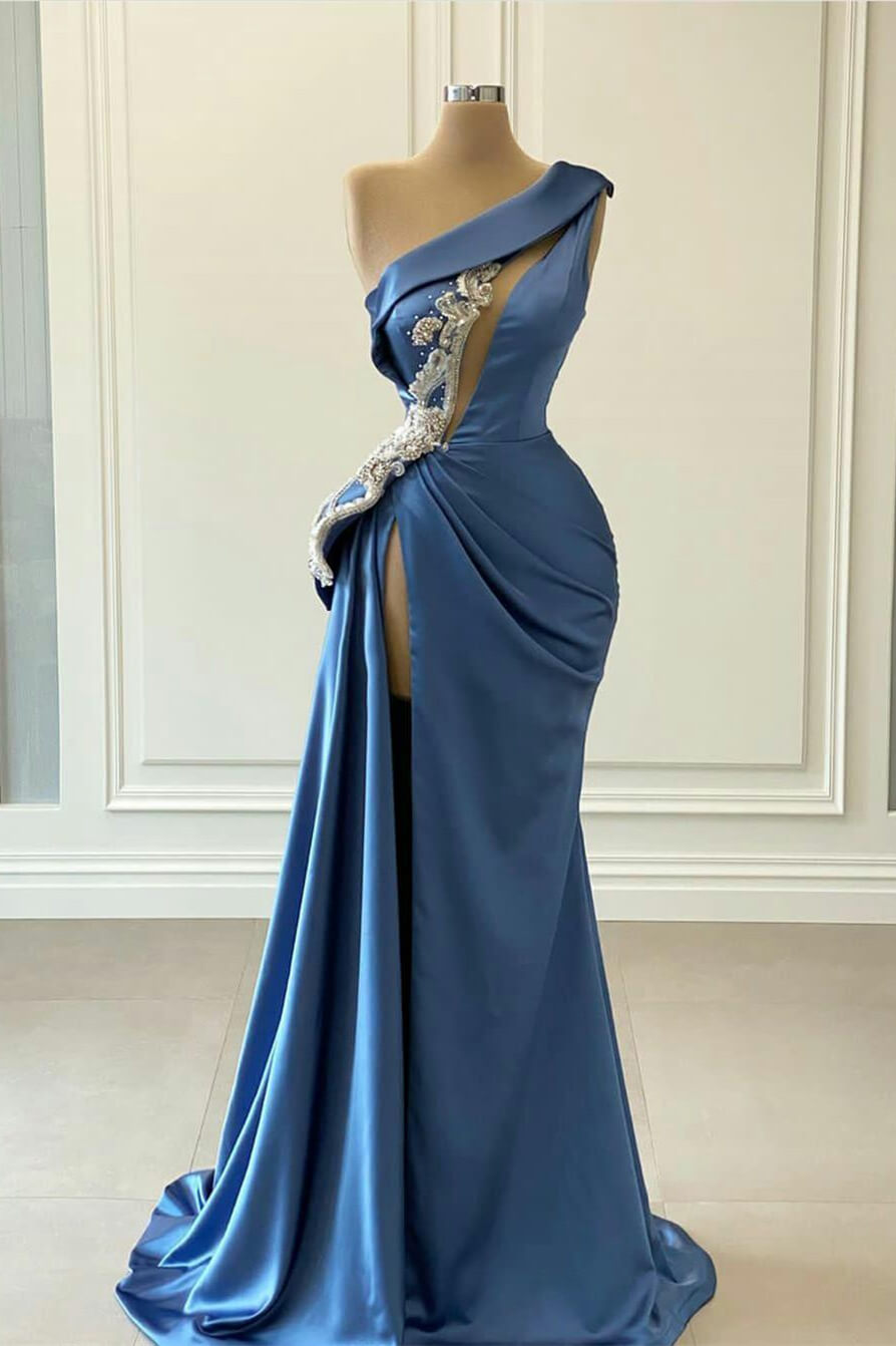 Robe de bal satinée élégante longue sirène à une épaule avec fente