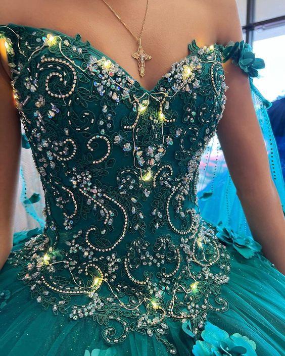 Blumiges schulterfreies smaragdgrünes Kleid für die Quinceañera, Neuankömmling, Kleid für den sechzehnten Geburtstag, Ballkleid Y1226
