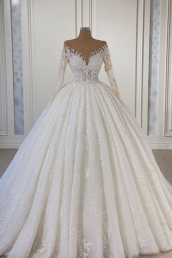 Charming Long Sleeve Ball Gown Wedding Dress With Lace Beads