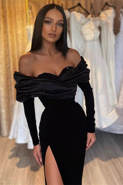 Abito da sera nero elegante a sirena senza spalline con maniche lunghe e spacco alla moda