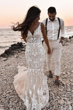 Charming V Neck Long Mermaid Floral Wedding Dress With Lace Backless