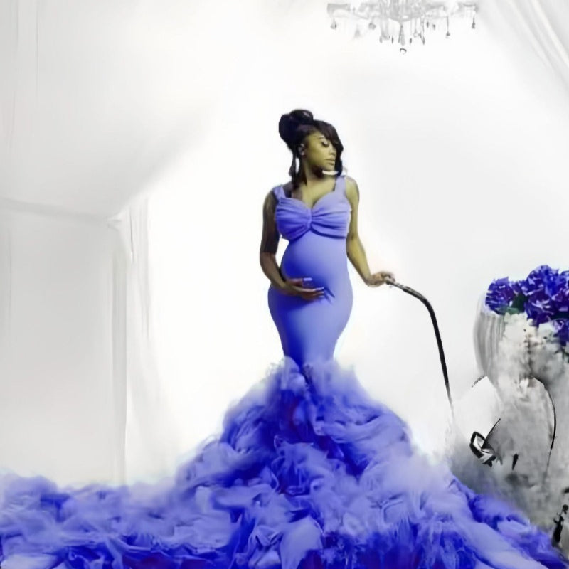 Nouvelle robe photo de grossesse à taille filet souple, queue de poisson, élastique, ample pour grand ventre