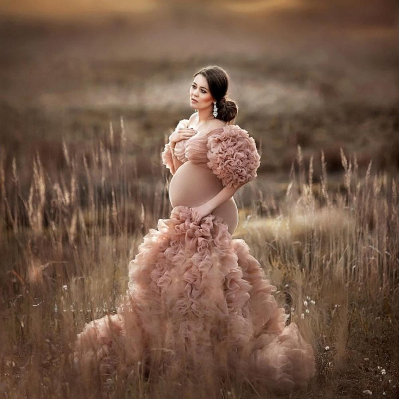 Floral Ruffled Bridal Maternity Dresses Sexy Slit Puffy Sleeve Elastic Custom Made Women Mermaid Party Dresses Stretchy Gown