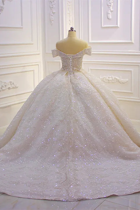 Off The Shoulder Satin Ball Gown Wedding Dress With Ruffles Beading And Sequins