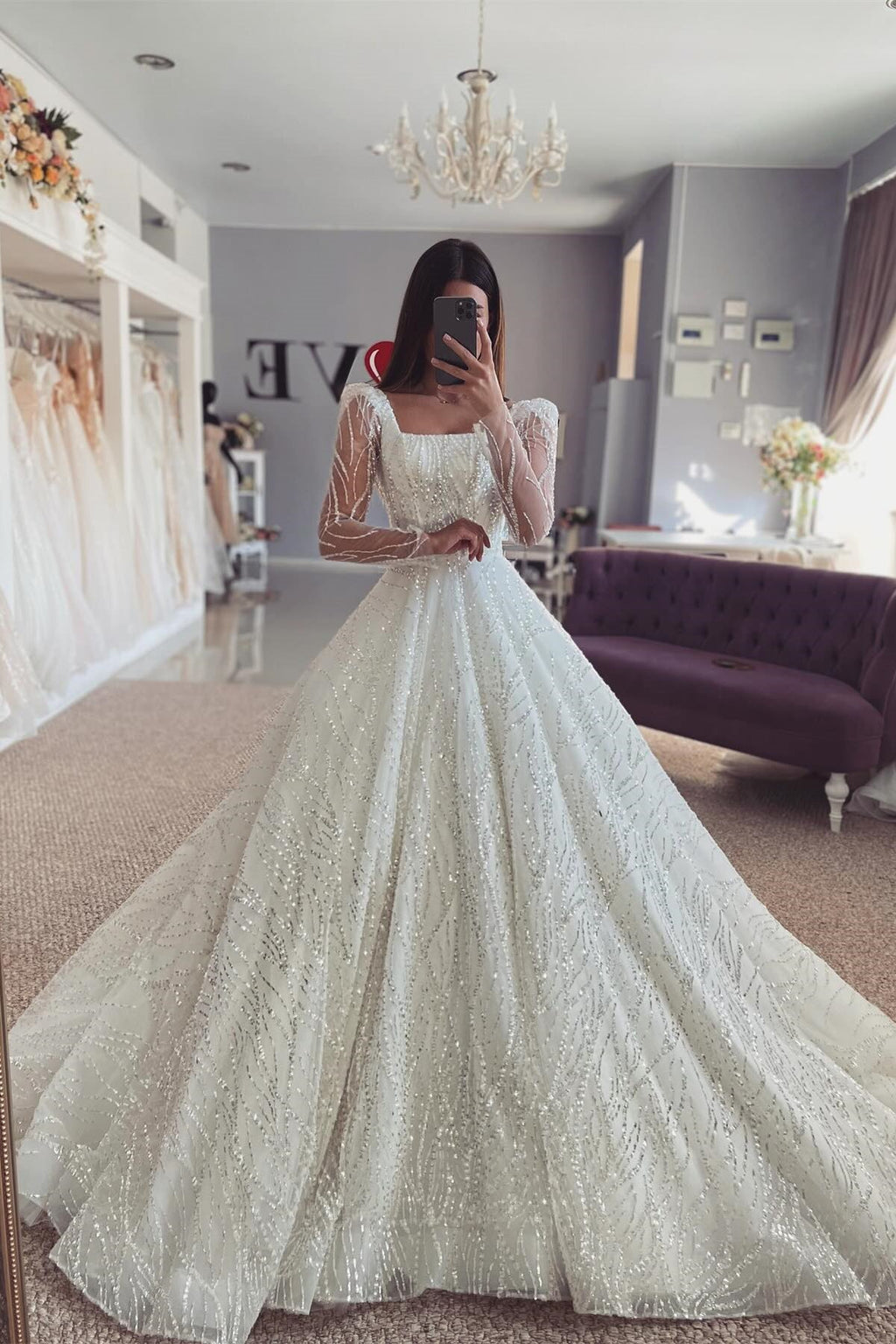 Vestido de Noiva Branco Deslumbrante em Linha A com Renda, Ombros Descobertos, Mangas Compridas e Folhos