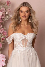 Robe de mariée blanche fabuleuse en dentelle, ligne A, sans manches, à épaules dénudées avec volants